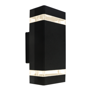 Aplique de pared exterior moderno, bidireccional, color negro de aluminio, con luz hacia arriba y abajo.