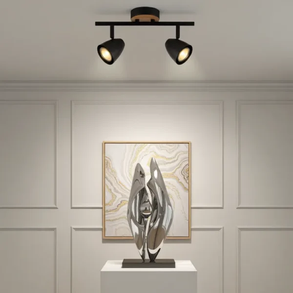 Plafón Comporta — Barral moderno metal negro simil madera GU10 — Ambiente | Lampamac