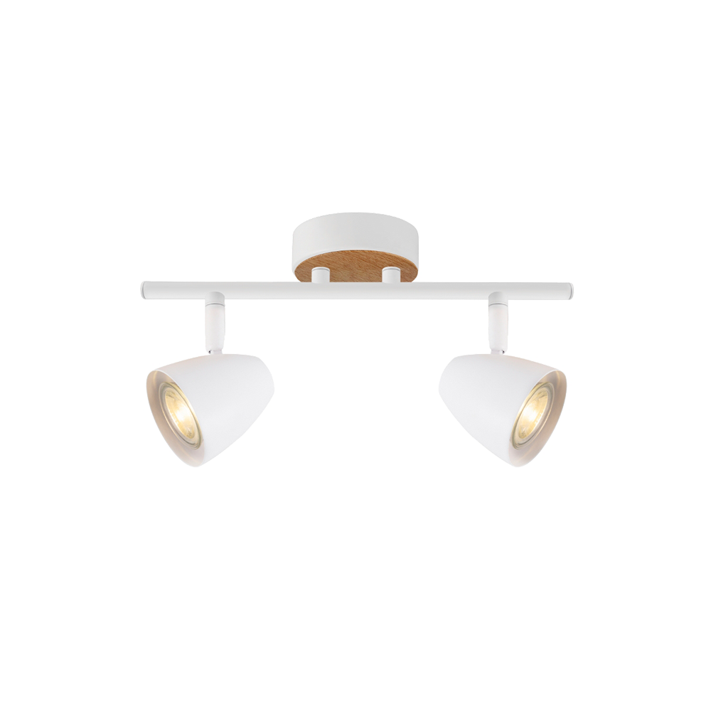 Aplique de techo moderno blanco de acero con dos focos GU10 ajustables y base símil madera, para uso interior.