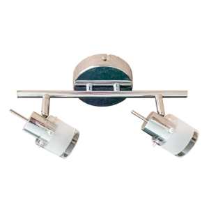 Aplique de pared/plafón moderno de 30cm con barral cromado y dos focos GU10 de vidrio satinado y transparente para interior.