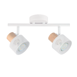 Aplique de techo moderno blanco y madera con dos focos GU10 de tulipa calada, barral de 30cm. Ideal para interiores.