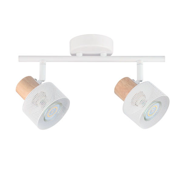 Aplique de techo moderno blanco y madera con dos focos GU10 de tulipa calada, barral de 30cm. Ideal para interiores.