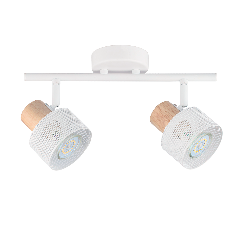 Aplique de techo moderno blanco y madera con dos focos GU10 de tulipa calada, barral de 30cm. Ideal para interiores.