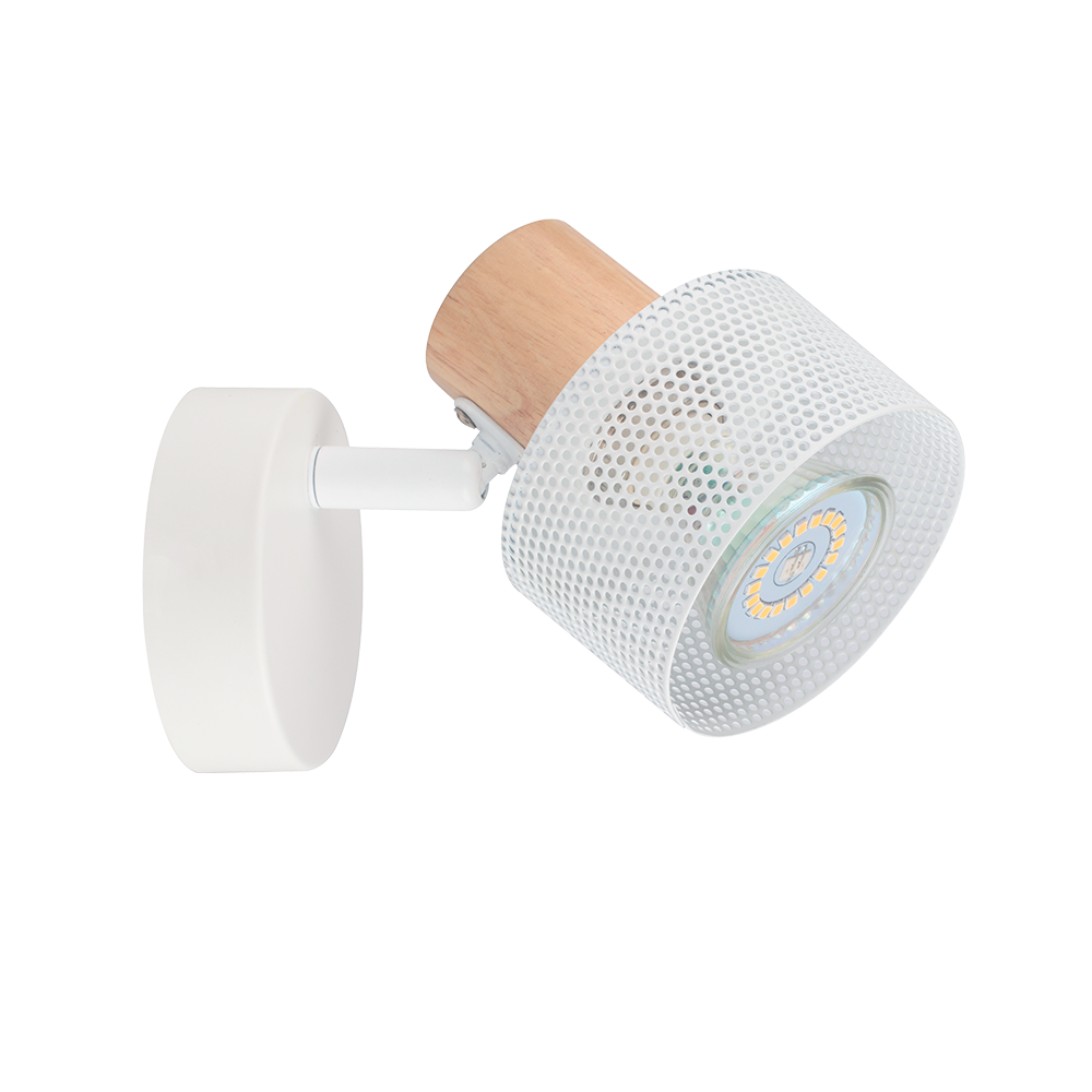 Aplique de pared moderno blanco y madera con tulipa calada y bombilla GU10. Ideal para interior, estilo nórdico o contemporáneo.