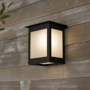 Farol de hierro negro con vidrio arenado, ideal para exterior o pasillo. Estilo vintage.