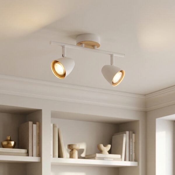 Plafón Cascais — Doble orientable acero simil madera GU10 — Instalado | Lampamac