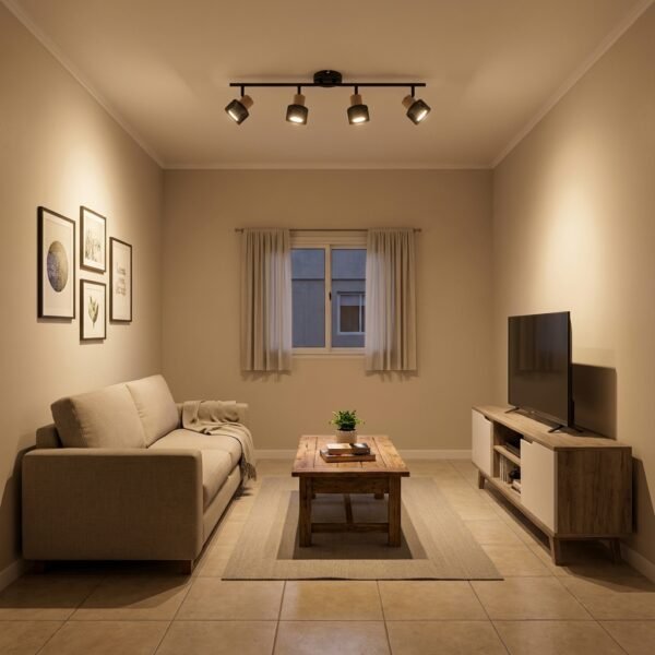 Plafón Camberwell — Barral moderno metal negro madera GU10 — Detalle | Lampamac