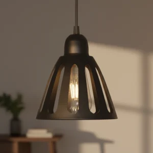 Colgante ALICANTE de metal color negro, estilo industrial, ideal para cocinas, comedores, dormitorios y salas de estar. Tiene un diámetro de 16.5 cm y una altura de 17.5 cm.