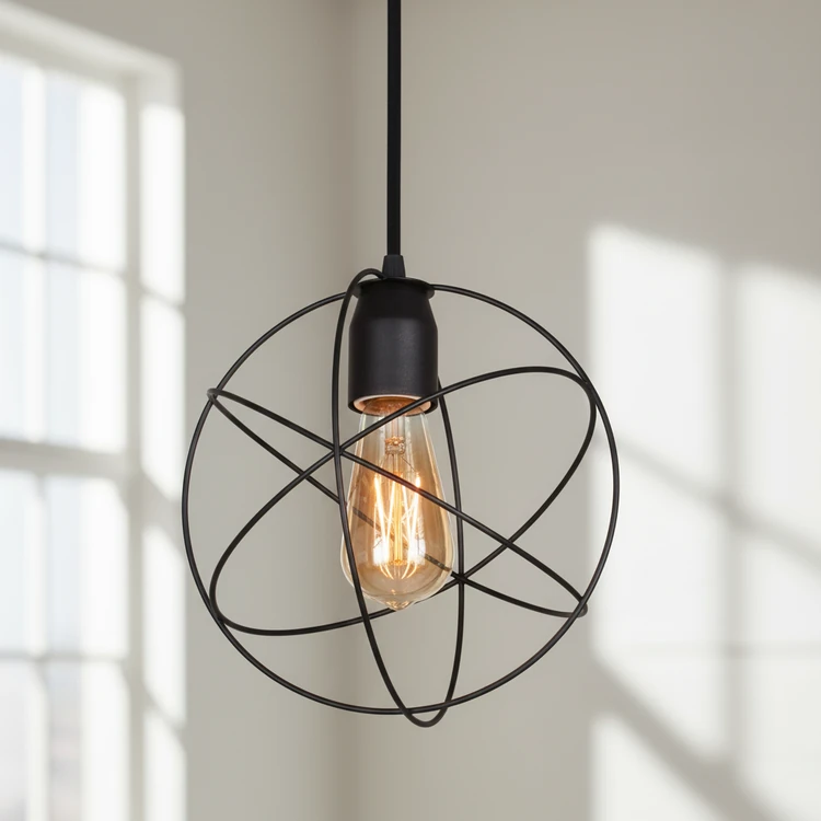 Colgante ATOMO de metal negro estilo industrial. Ideal para comedor, cocina, dormitorio o living.