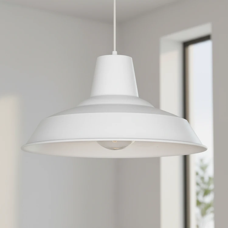 Colgante BADAJOZ blanca de metal, estilo industrial, ideal para cocinas, comedores, dormitorios y salas de estar.