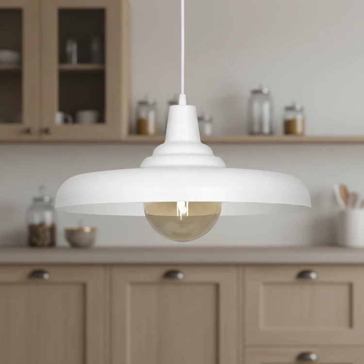 Colgante CARRARA blanca de una luz, estilo moderno, ideal para cocina, comedor o dormitorio.
