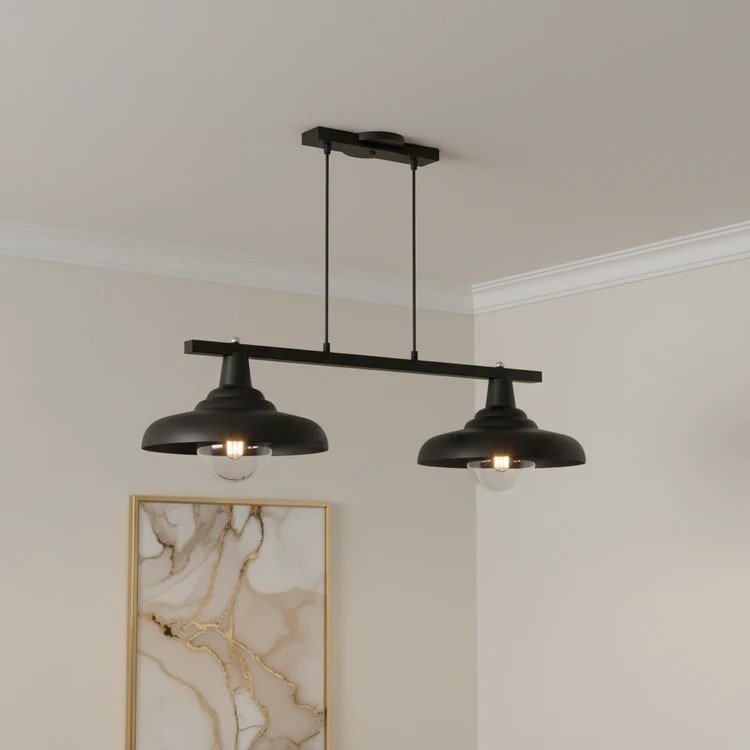 Colgante CARRARA de 2 luces, estilo industrial, ideal para comedor o living. Metal negro.