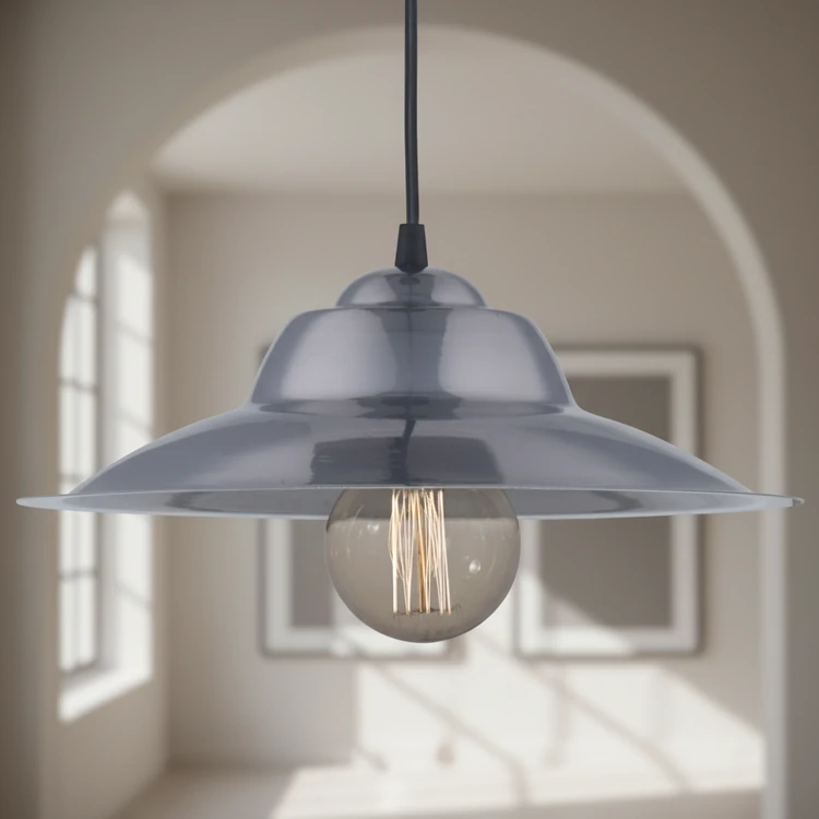 Colgante de chapa gris brilloso de 32 cm de diámetro. Ideal para cocinas, comedores, dormitorios y living.