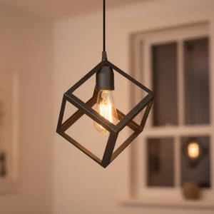 Colgante CUBO de metal negro estilo industrial. Ideal para cocina, comedor, dormitorio o living.