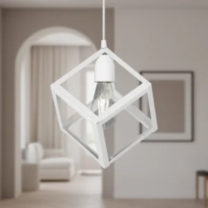 Lámpara colgante CUBO blanca de metal, estilo moderno. Ideal para comedor o dormitorio.