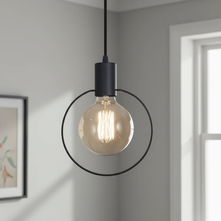 Lámpara colgante GEO CIRCULO de metal negro, estilo minimalista. Ideal para cocina, comedor o dormitorio.