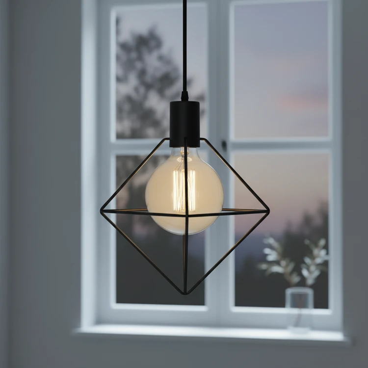 Lámpara colgante GEO ROMBO de metal negro, estilo minimalista, ideal para comedor o cocina.