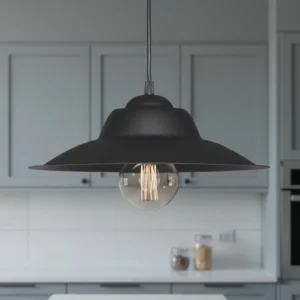 Colgante de chapa negra de 32 cm de di ámetro, estilo industrial, ideal para cocinas, comedores, dormitorios y living.