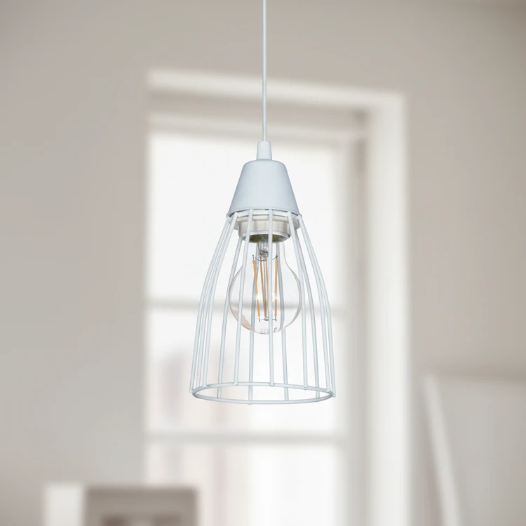 Lámpara colgante JAULA CONO blanca de metal estilo industrial. Ideal para cocina, comedor o dormitorio.
