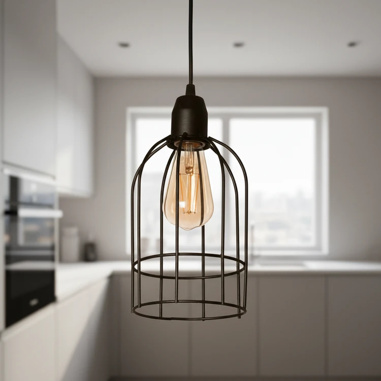 Colgante JAULA curvo de metal negro estilo industrial para cocina, comedor, dormitorio o living.