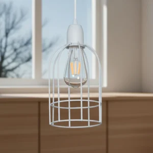 Lámpara colgante JAULA de metal blanco, estilo industrial. Ideal para comedor o cocina.