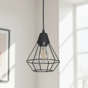 Lámpara colgante Jaula Diamante negra de metal estilo industrial. Ideal para comedor, cocina u oficina.