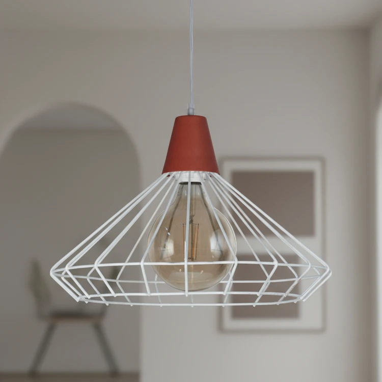 Colgante JAULA DIAMANTE de metal blanco y rojo, estilo industrial, ideal para comedor o cocina.