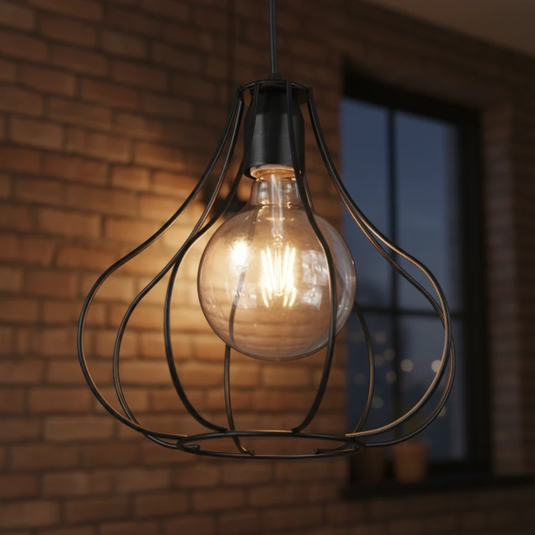 Lámpara colgante JAULA FLOR de hierro estilo industrial, ideal para cocinas y comedores.