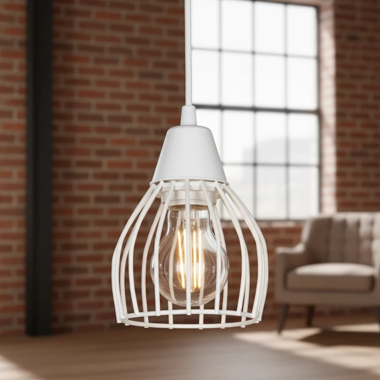 Colgante JAULA blanco de metal estilo industrial. Ideal para cocinas, comedores y dormitorios.