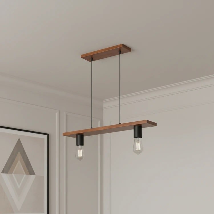 Colgante LUCCA de madera, dos luces E-27, estilo moderno, ideal para comedor o cocina.