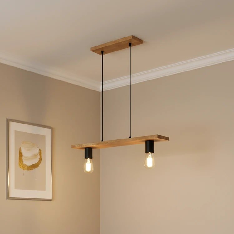 Colgante LUCCA de madera con dos luces E-27, ideal para cocinas, comedores y living. Estilo moderno.