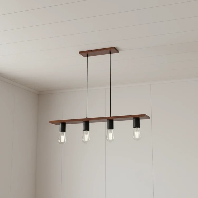 Colgante LUCCA de 4 luces, estilo industrial, madera, ideal para cocina, comedor o living