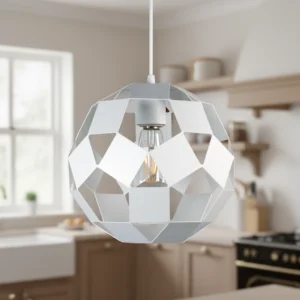 Colgante PELOTA blanca de diseño moderno, ideal para comedor o cocina. Lámpara colgante de metal de 26cm de diámetro.