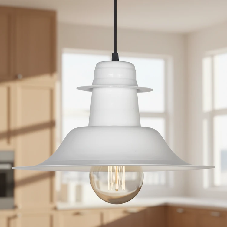 Colgante de chapa blanca estilo industrial de 35cm de diámetro. Ideal para cocinas, comedores o dormitorios.