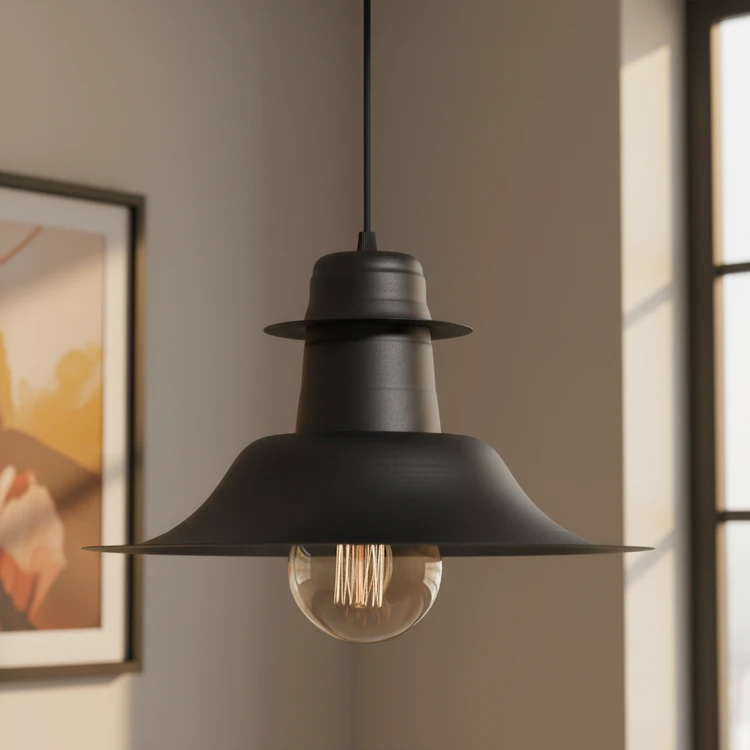 Colgante de chapa negra de 35 cm de diámetro, estilo industrial, ideal para comedor o cocina.