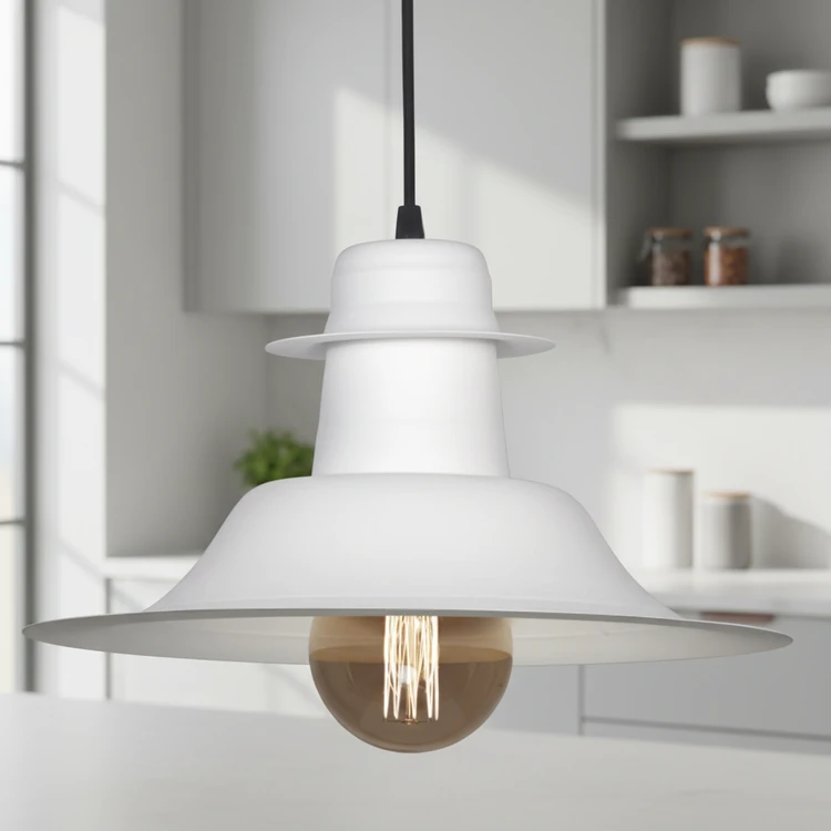 Colgante de chapa blanca de 35 cm de diámetro estilo industrial, ideal para cocina, comedor, dormitorio o living.