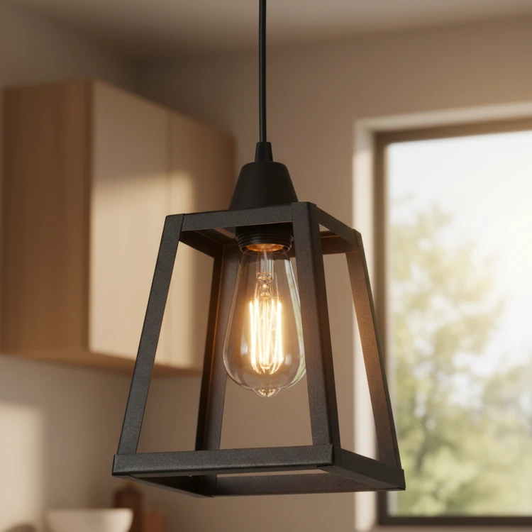 Lámpara colgante de metal negra estilo industrial. Ideal para comedor o cocina.