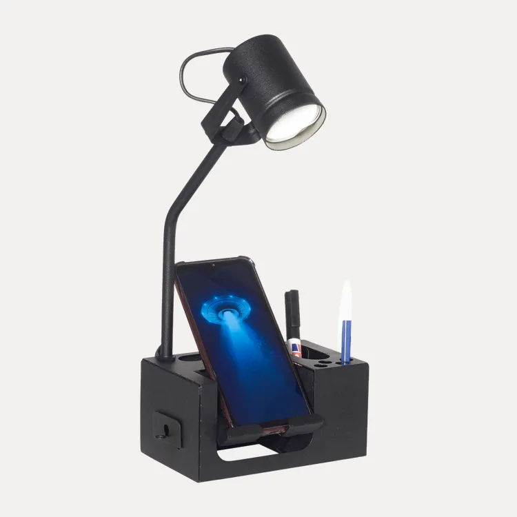 Velador PAVIA moderno de metal negro, ideal para dormitorio u oficina. Incluye organizador para celular y útiles.