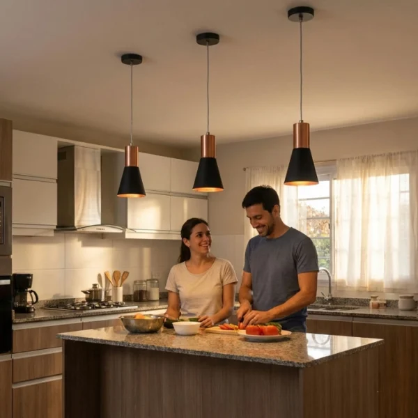 Colgante Raval — Cónica chapa negro cobre satinado — Ambiente | Lampamac