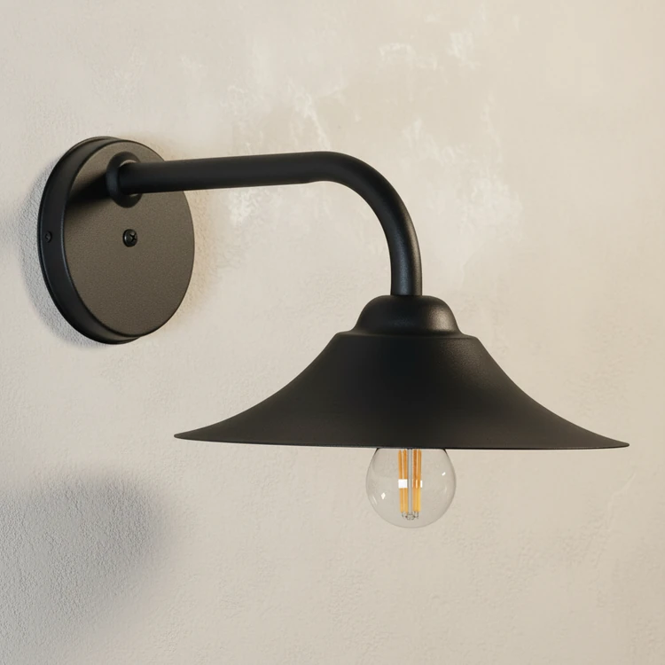 Aplique de pared BERLIN negro estilo industrial de chapa de hierro con bombilla expuesta.