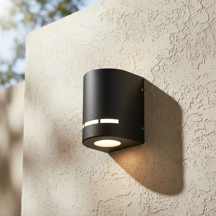 Aplique difusor OPORTO negro de chapa para exterior, estilo moderno, con luz GU-10 en pared texturizada.