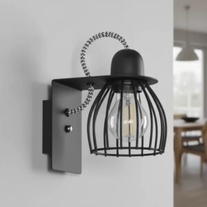 Aplique de pared industrial JAULA de metal negro con rejilla, cable textil y bombilla E-27 para interiores.