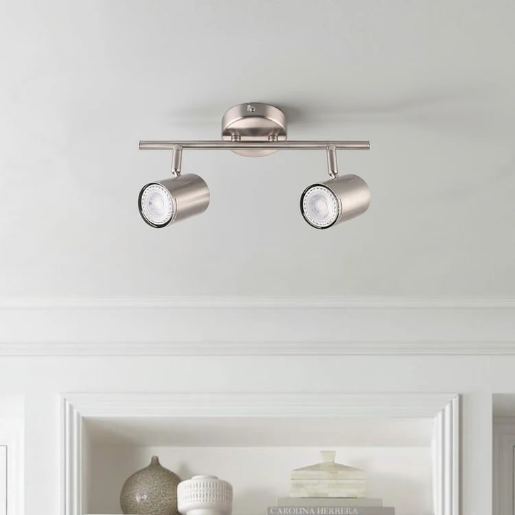 Aplique de techo moderno de 30cm con dos focos GU10 de acero acabado platil, ideal para interior.