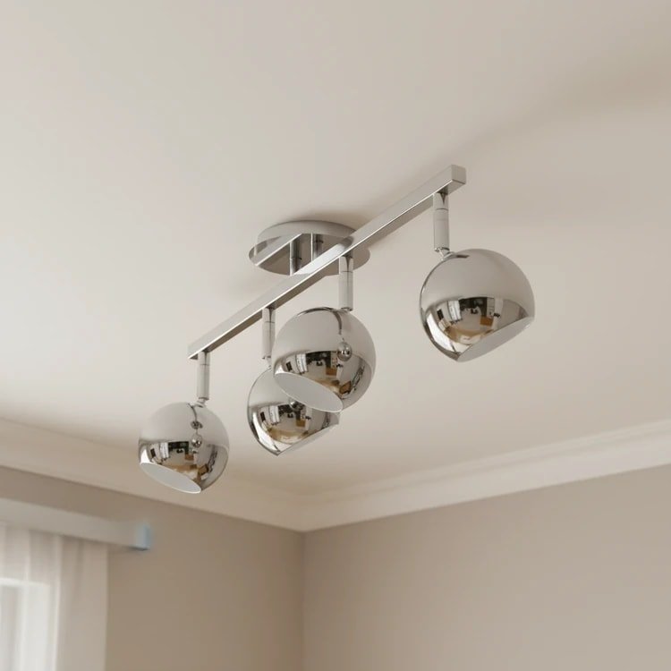 Aplique de techo moderno cromado con 4 focos esféricos orientables en barral de acero.