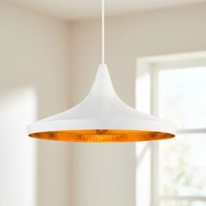 Lámpara colgante moderna blanca con interior dorado Ø35cm. Perfecta para comedor, living o dormitorio.