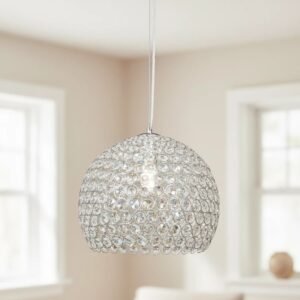 Lámpara colgante moderna Esfere de Ø30cm, con estructura cromada y caireles de vidrio brillante. Ideal para Comedor, Living o Dormitorio.