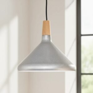 Lámpara colgante moderna plateada y madera para interior, estilo cónico, para comedor, dormitorio, living o estudio.