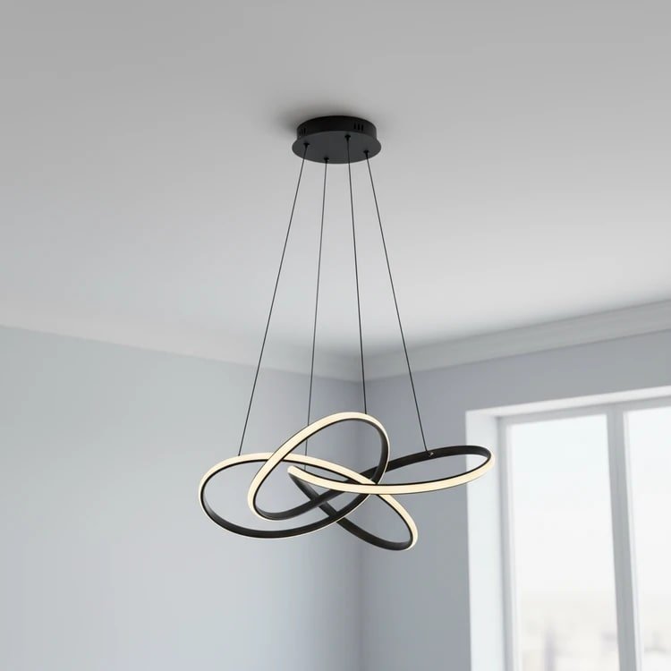 Lámpara colgante LED moderna negra de aluminio, con diseño de aros entrelazados iluminados con luz cálida, ideal para interiores. Muestra el modelo de Ø60cm.