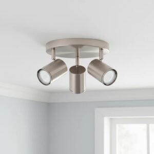 Plafón de techo moderno 3xGU10 de metal platil con base de 20.5cm, ideal para iluminación interior.