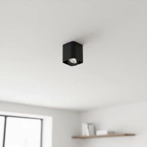 Plafón orientable GU10 negro de aluminio, estilo moderno, instalado en techo blanco para iluminación interior.